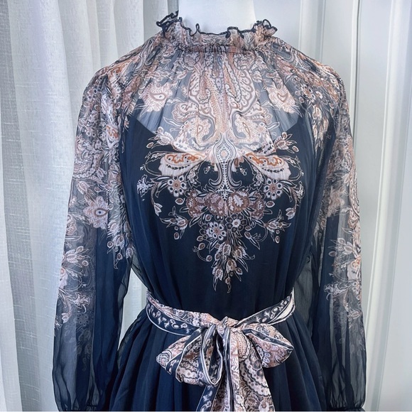 Designer-Style Black and Brown Paisley Chiffon Dress - Picture 3 of 9